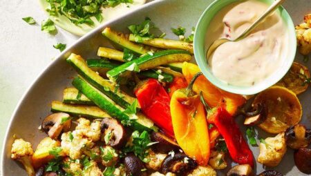 Air Fryer Roasted Vegetables with Gremolata and Red Pepper Aioli