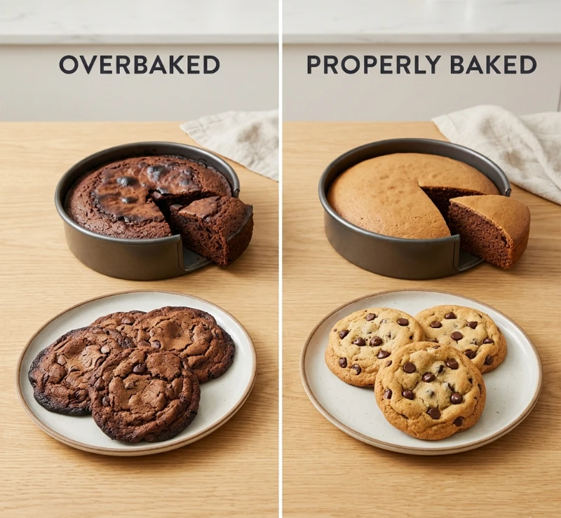 common baking mistakes overbaked cookies and cake comparison