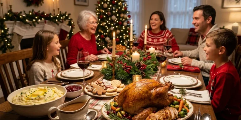 Christmas recipes dinner table with turkey and festive food