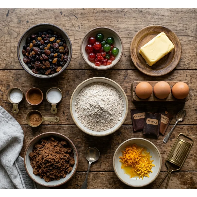 Measured ingredients for fruit cake recipe including dried fruits butter eggs and flour