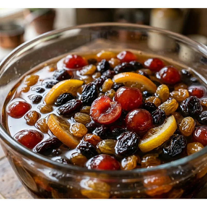 Dried fruits soaking in liquid for moist fruit cake preparation