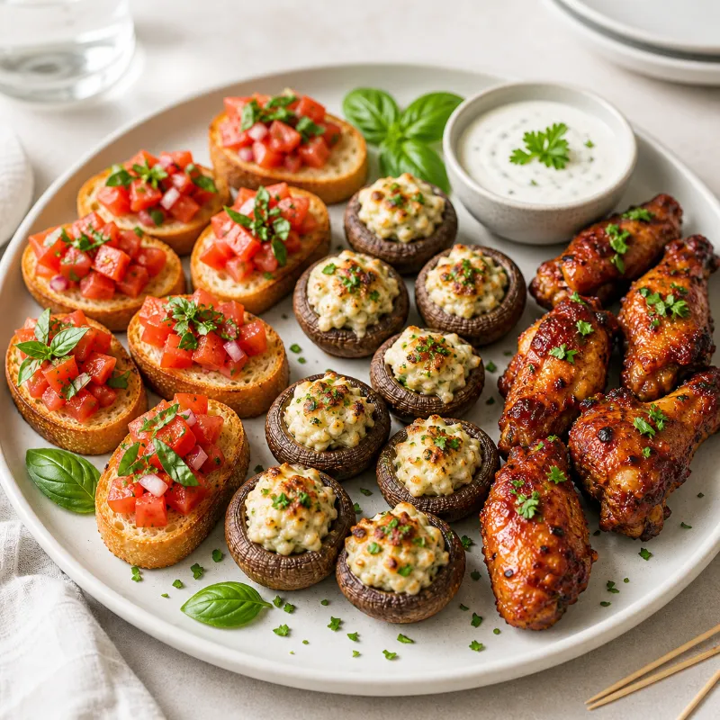 examples of appetizers like bruschetta mushrooms and wings