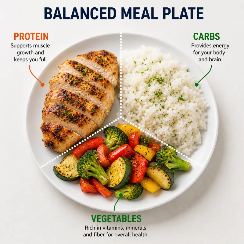 protein carb and vegetables balanced meal plate example
