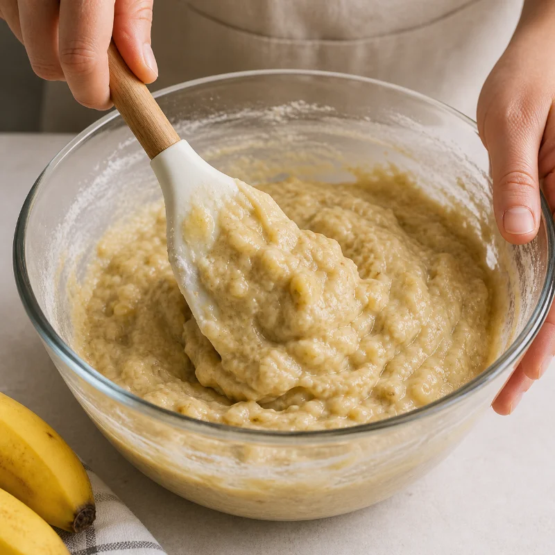 folding muffin batter gently in bowl banana mixture baking process