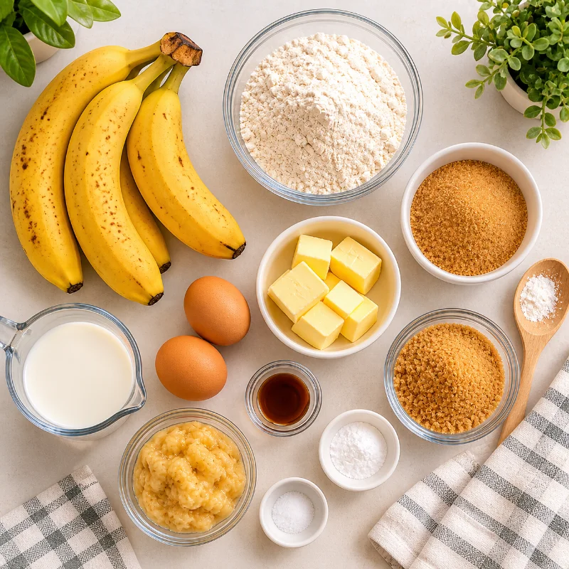banana muffin ingredients flour eggs butter sugar bananas top view