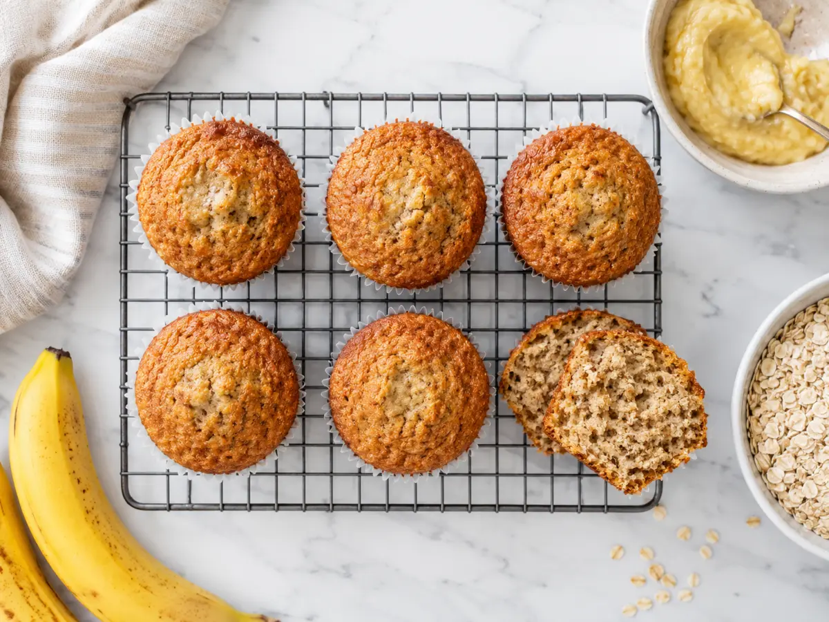 Gallery 1 Golden banana muffins on a wire cooling rack