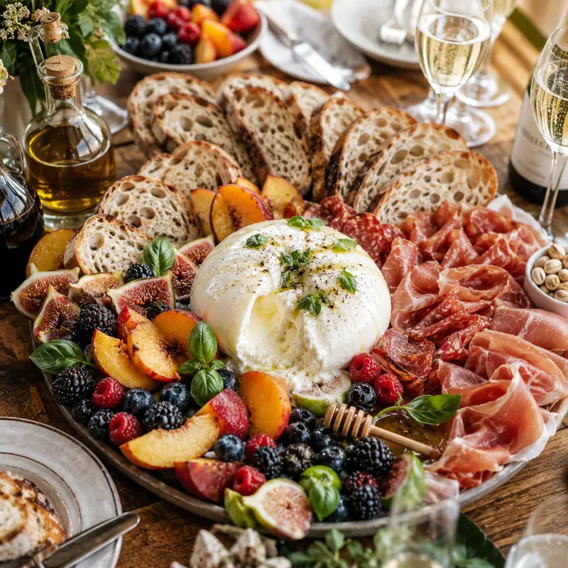 Best foods to serve with Burrata Appetizer Recipe including bread fruits and meats