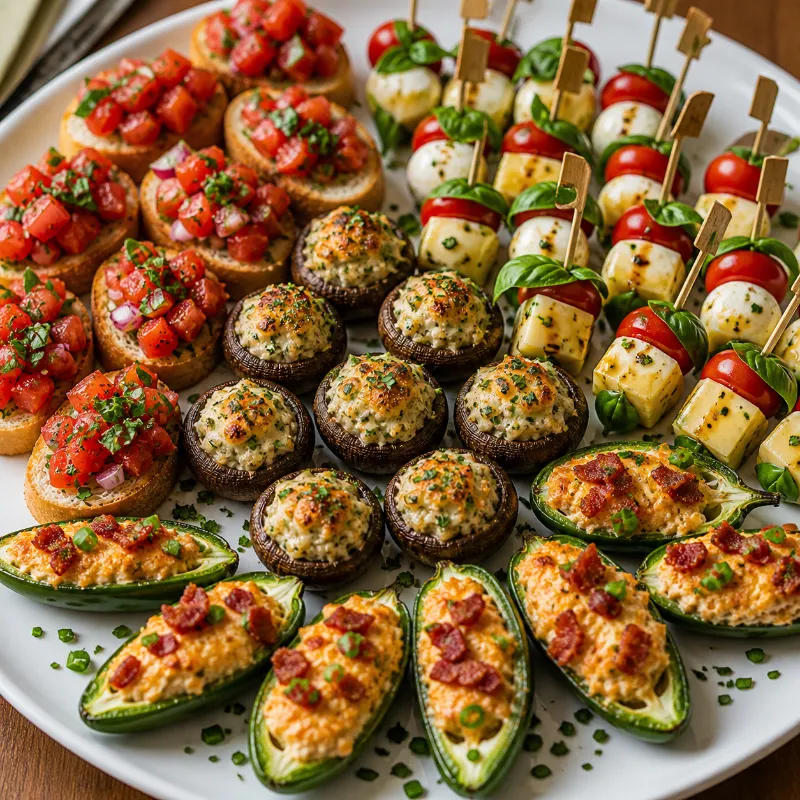 bite sized appetizer recipes like mini bruschetta and cheese skewers