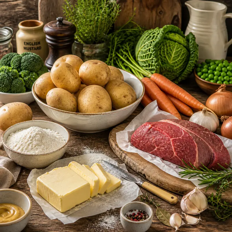 ingredients used in classic british recipes like potatoes meat and butter