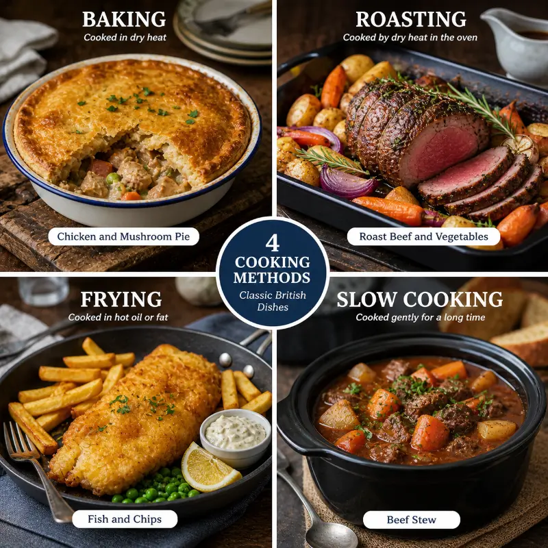 baking roasting frying and slow cooking methods in british recipes