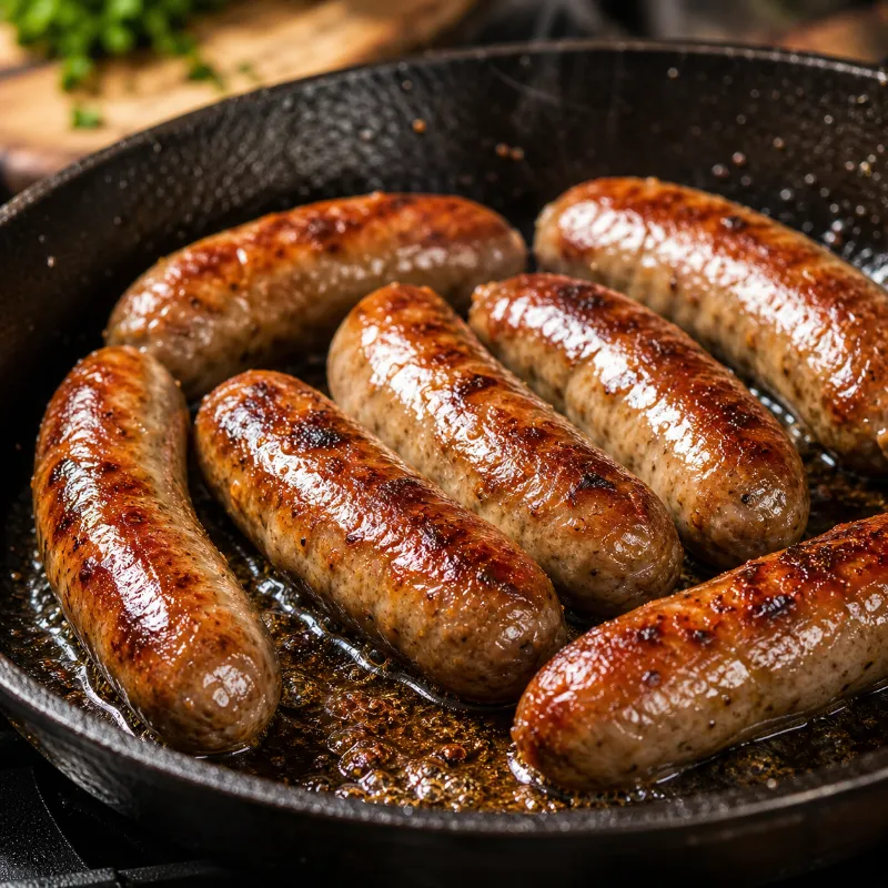 sausages browning in pan for casserole recipe