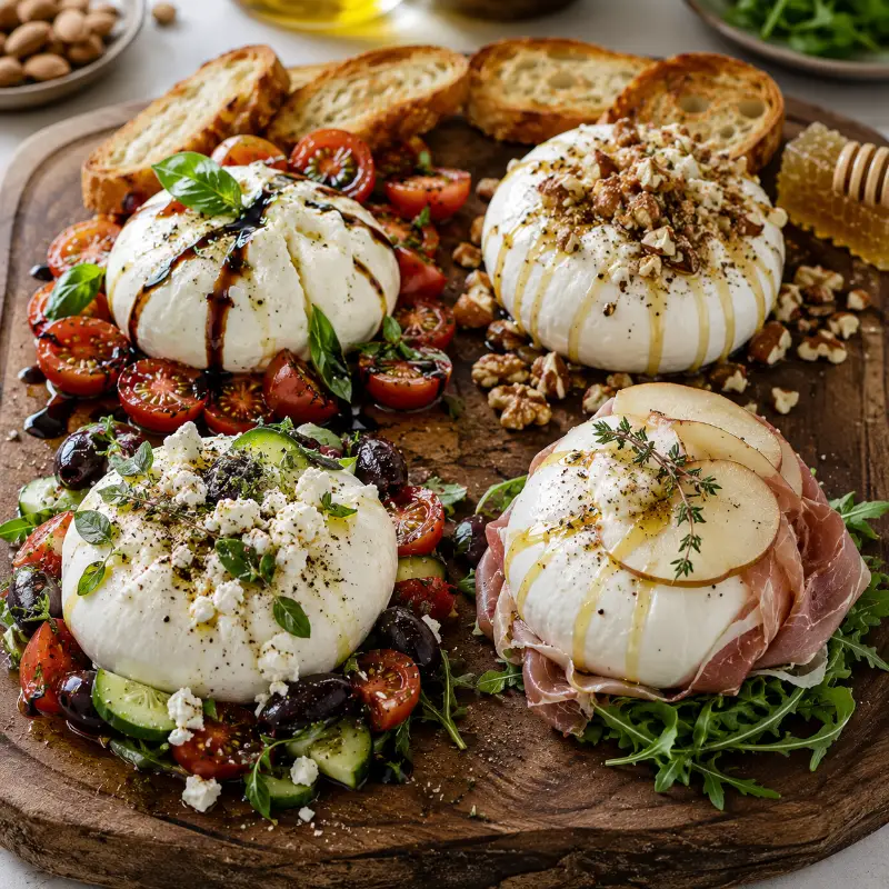 Different Burrata Appetizer Recipe variations on appetizer serving board