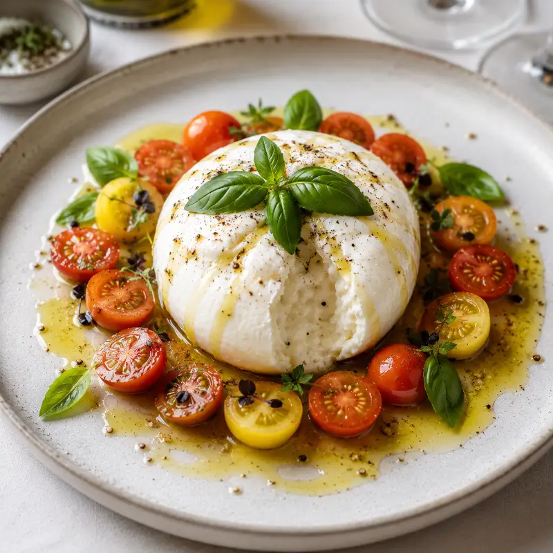 Elegant Burrata Appetizer Recipe plated beautifully for dinner party