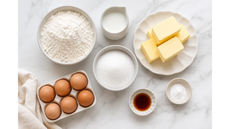 Ingredients for baking a cake arranged neatly on a kitchen counter