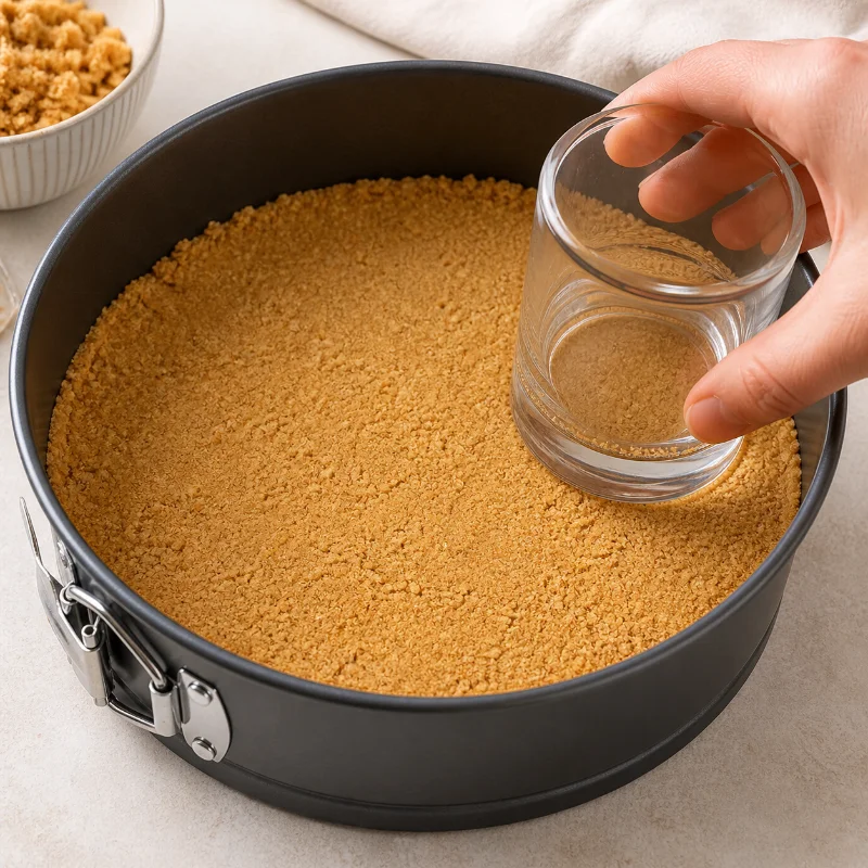 pressing biscuit base for cheesecake in pan