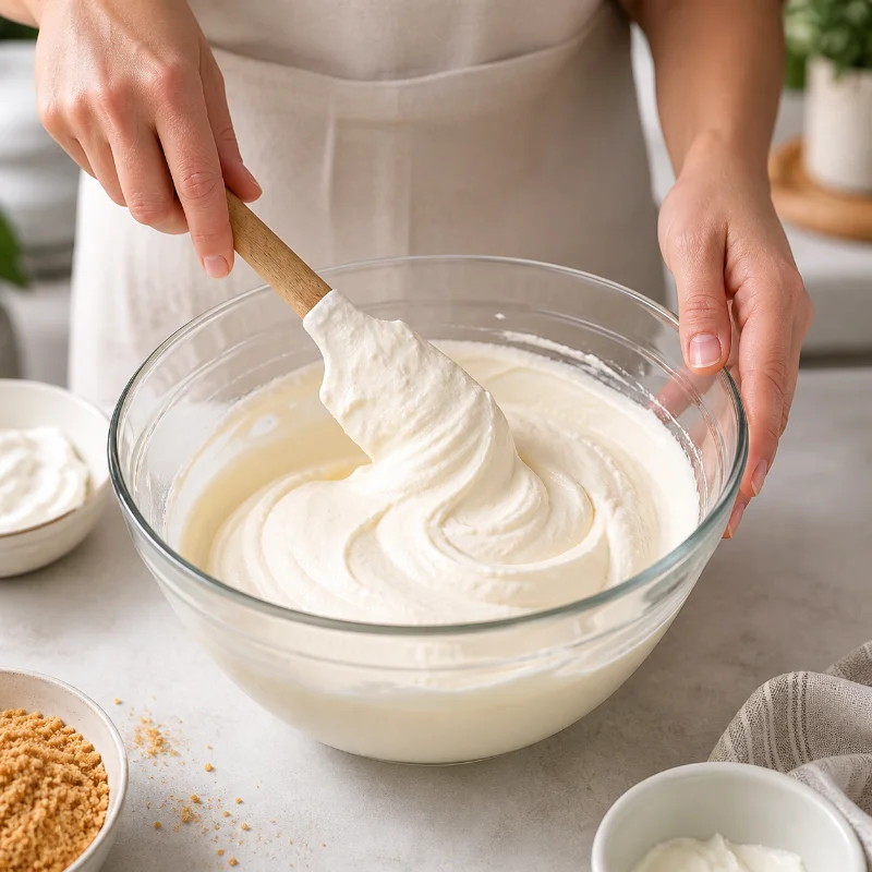 mixing creamy cheesecake filling step by step