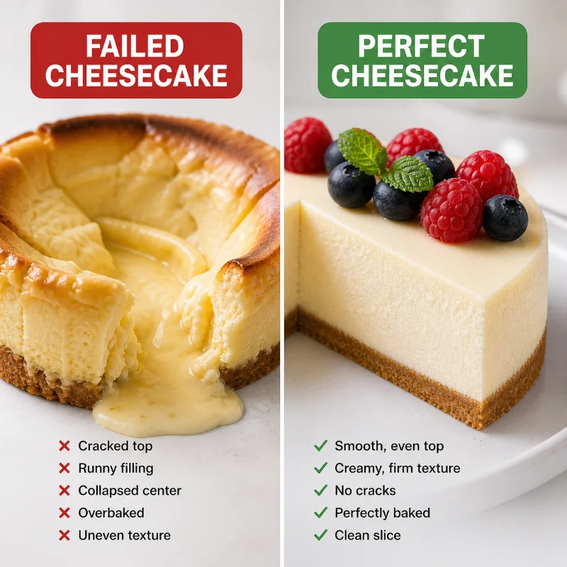 comparison of failed cheesecake and perfect cheesecake