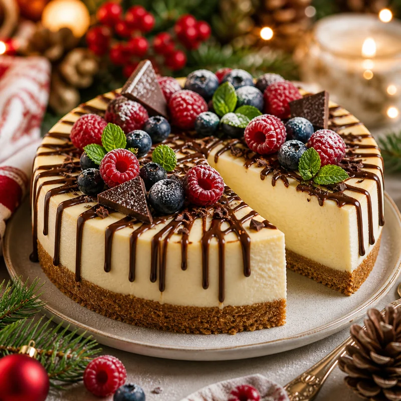 decorated christmas cheesecake with toppings and festive style