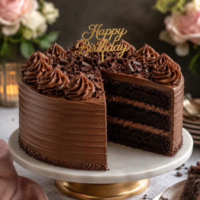 Creamy chocolate buttercream frosting on layered cake