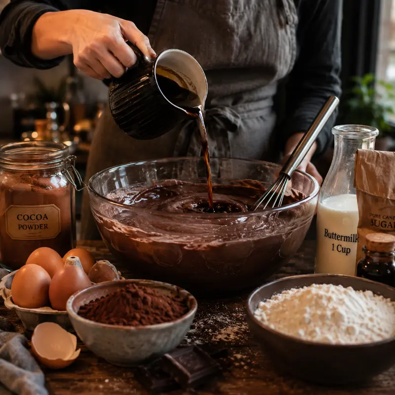 Preparing homemade chocolate cake batter with cocoa and coffee