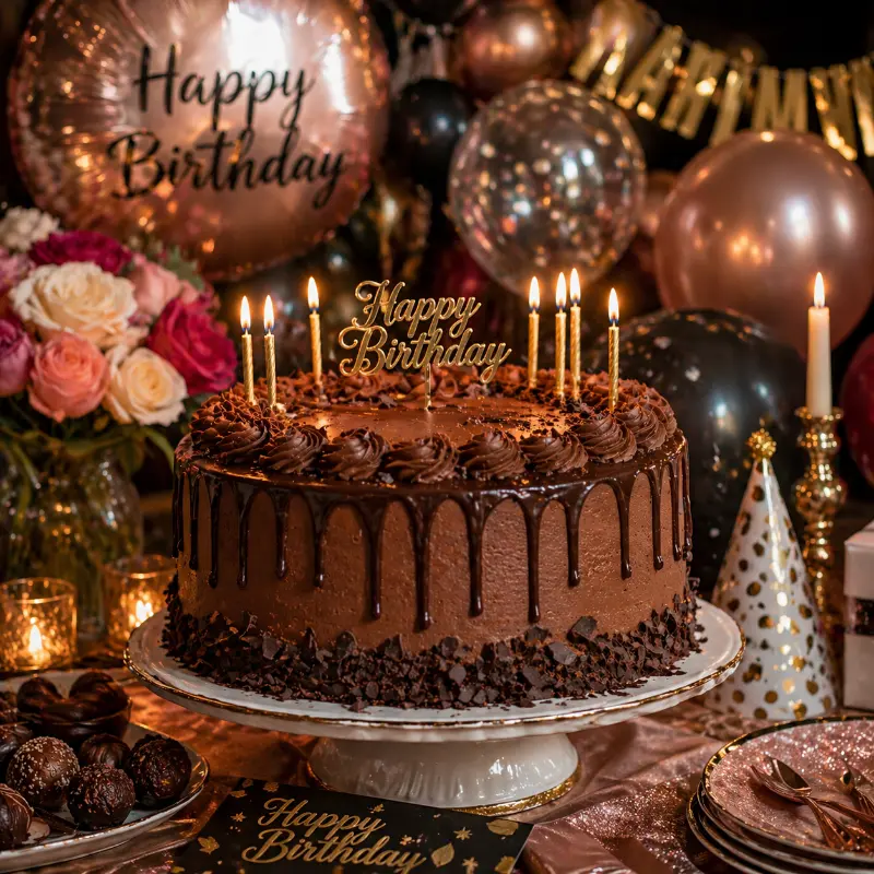 Homemade chocolate cake for birthday celebration table setup