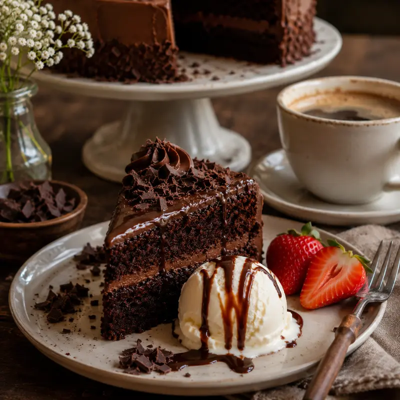 Chocolate birthday cake served with vanilla ice cream and coffee