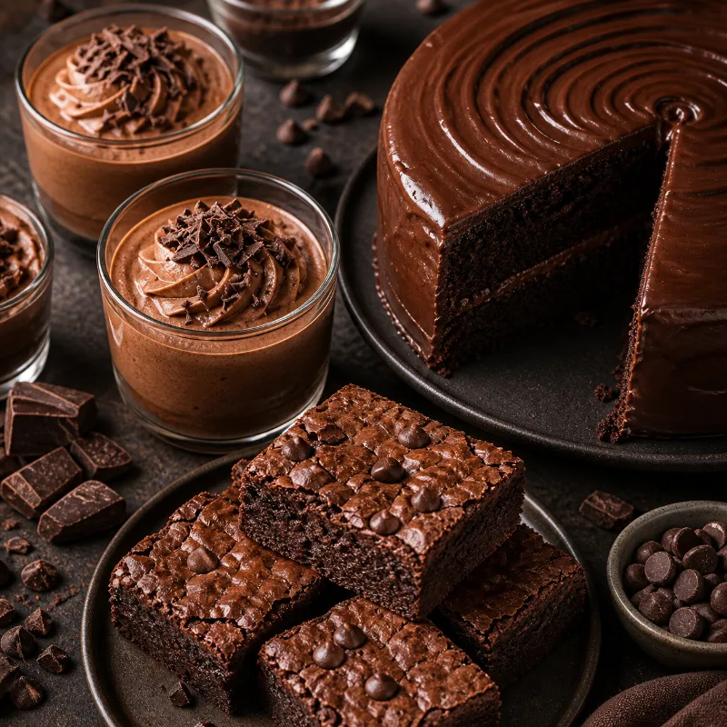 chocolate desserts including brownies cake and mousse close up view