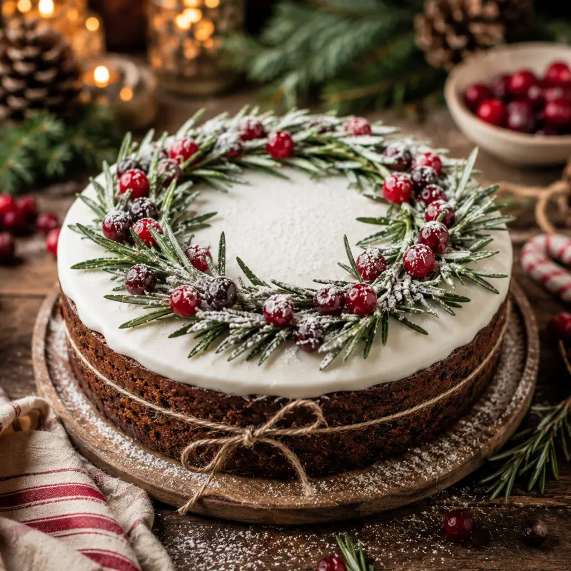 Beautifully decorated Christmas cake with festive holiday toppings