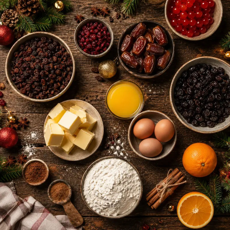 Ingredients for homemade Christmas cake recipe including dried fruits and spices