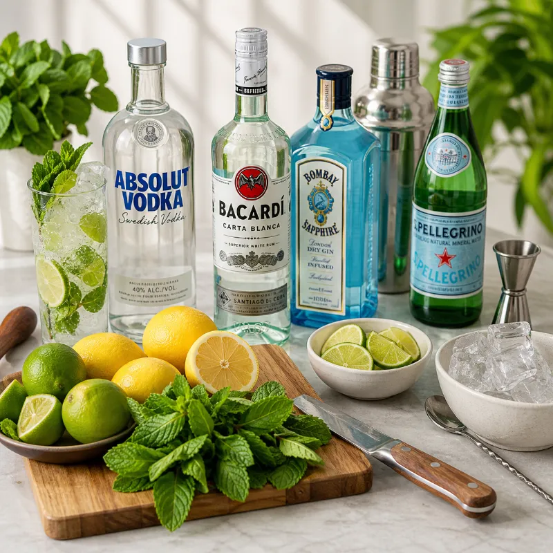 cocktail ingredients like alcohol juice mint and soda