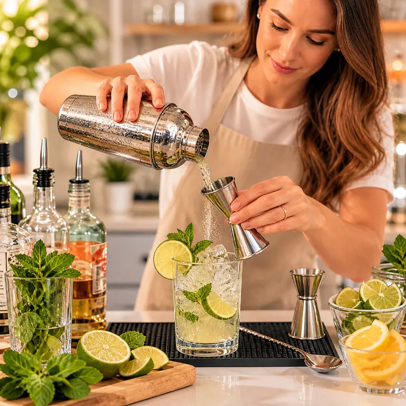 beginner making cocktail using shaker and measuring tools