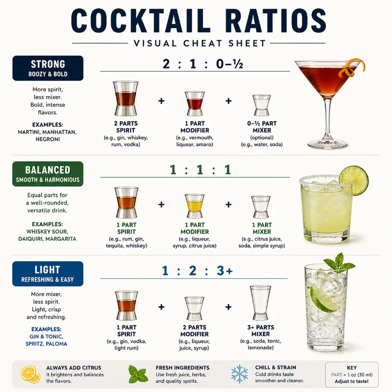 cocktail ratio cheat sheet for balanced strong and light drinks