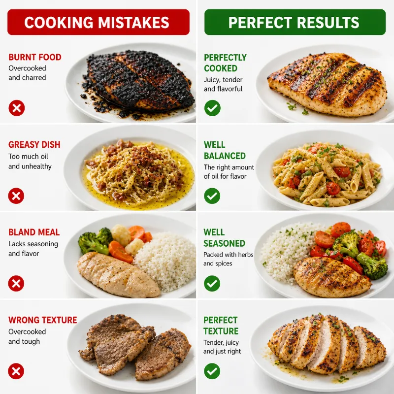 common cooking mistakes compared to perfect cooking results