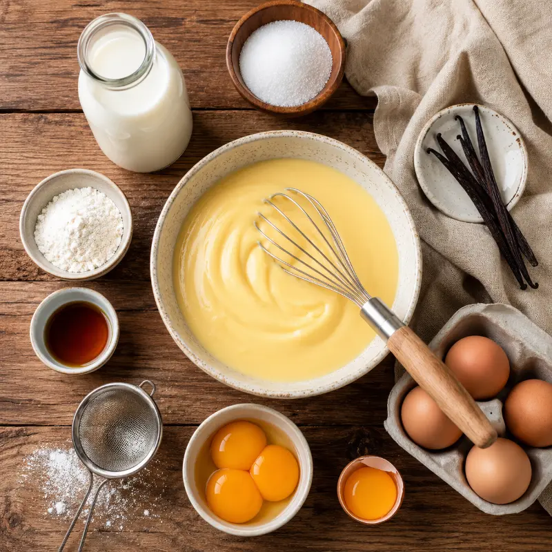 Milk eggs sugar and vanilla for homemade custard recipe