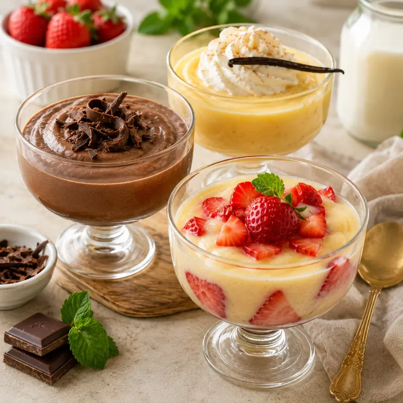 Different flavored custards including chocolate and fruit custard