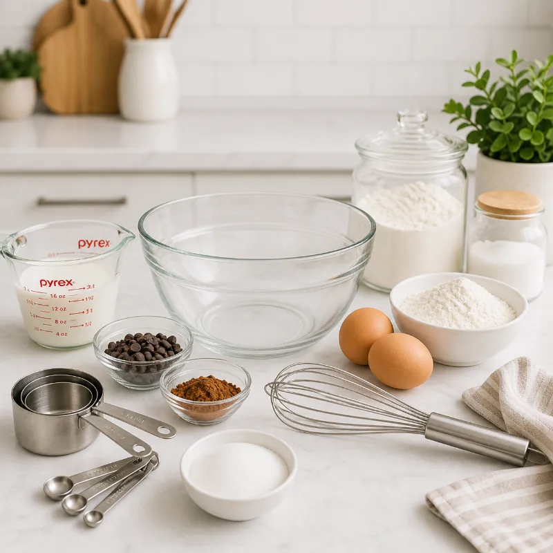 basic baking tools like measuring cups whisk and mixing bowl for dessert preparation