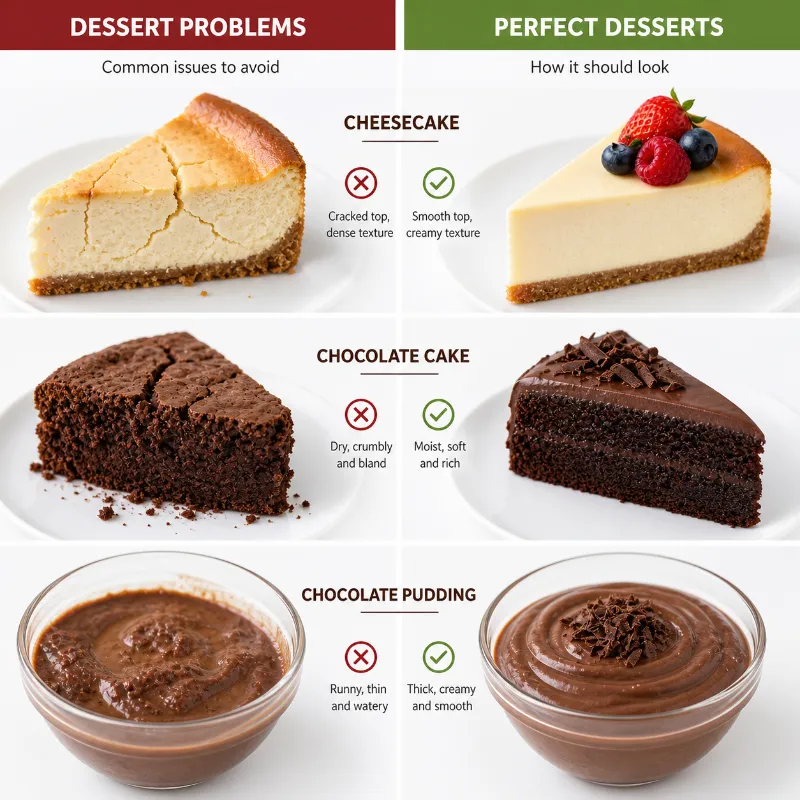 common dessert problems like cracked cheesecake dry cake and their perfect versions comparison