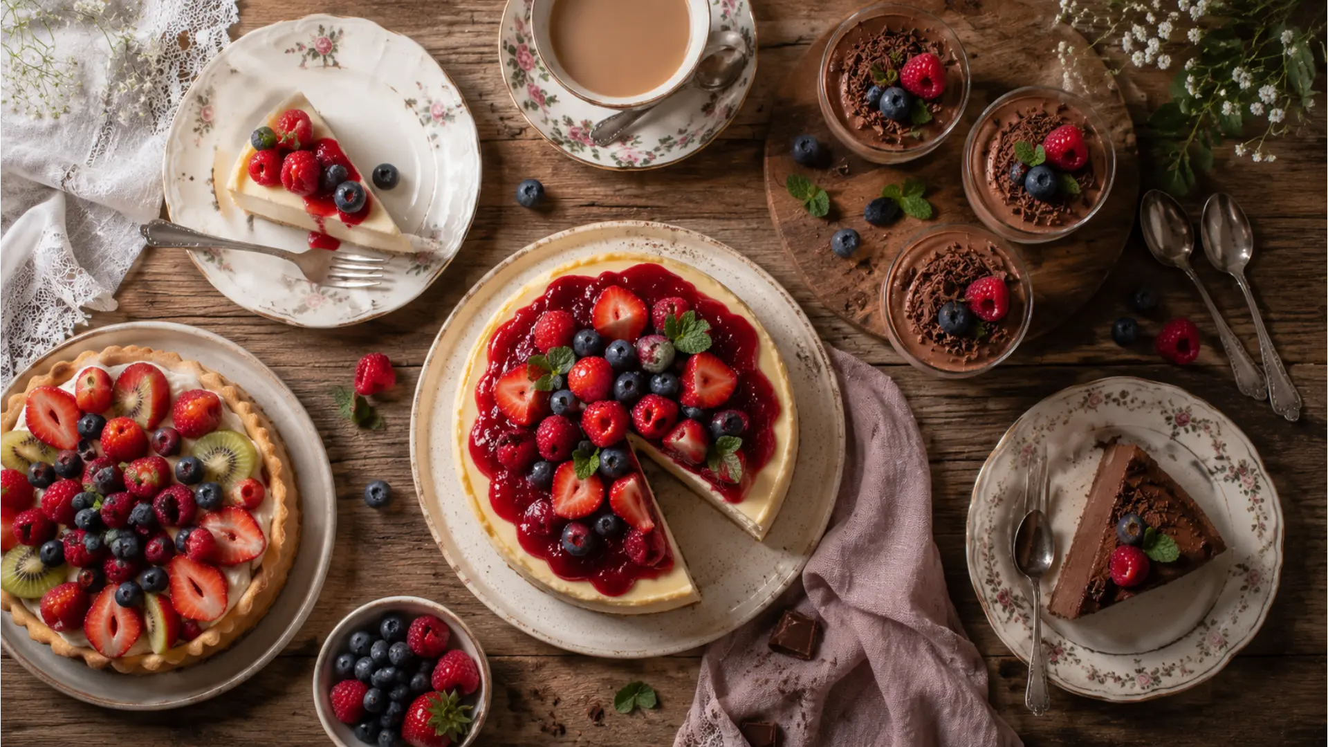 Gallery 4 Elegant dessert spread with cheesecake and fruit tart