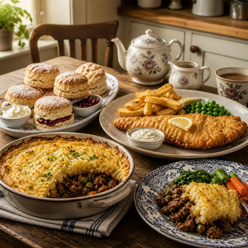 easy classic british recipes like shepherds pie fish and chips and scones