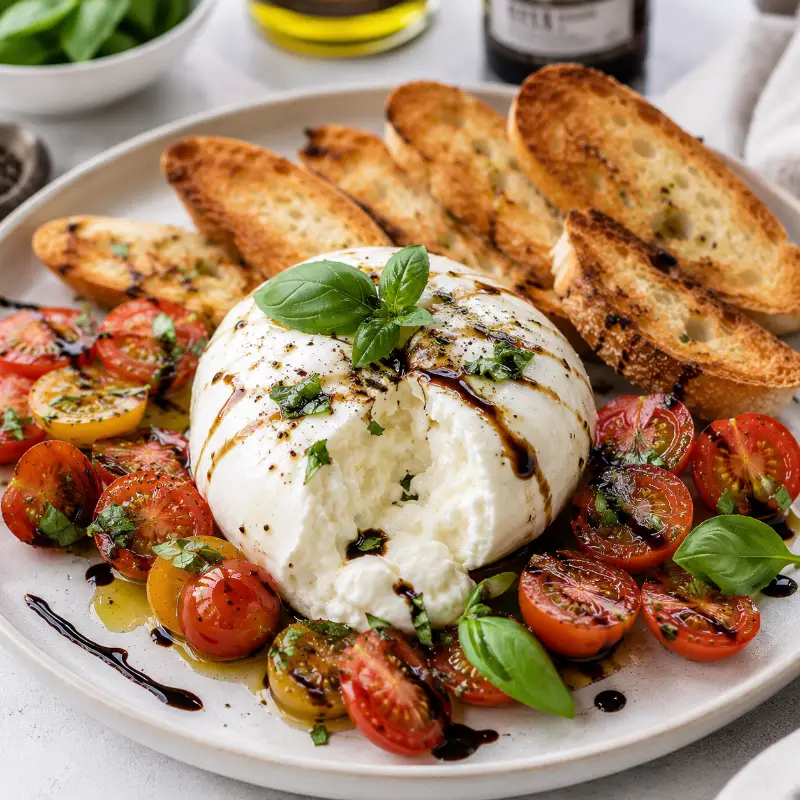 Easy Burrata Appetizer Recipe with balsamic glaze and fresh basil