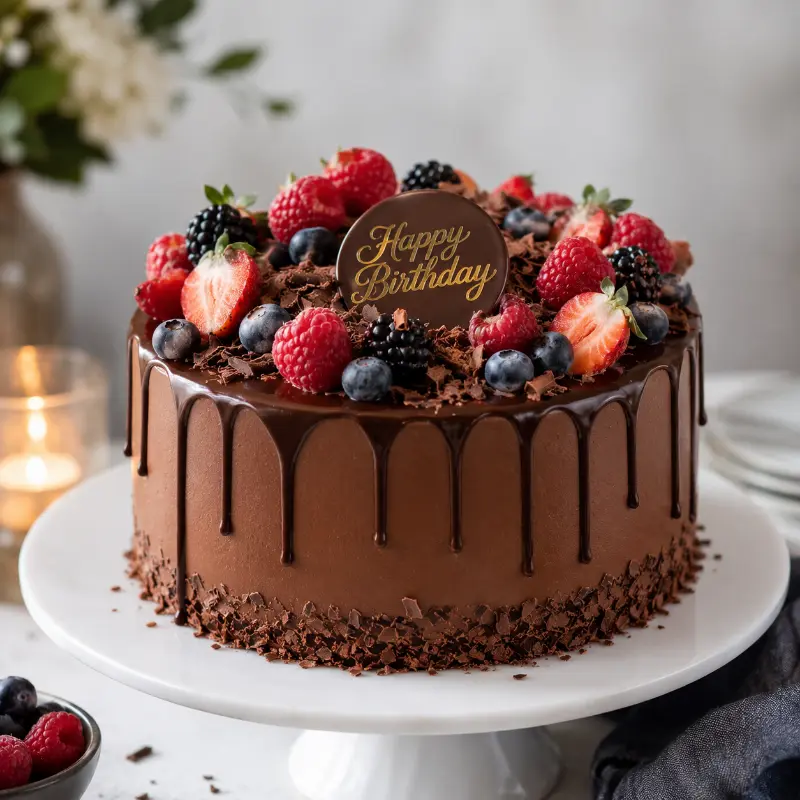 Simple chocolate birthday cake decoration ideas with berries and chocolate