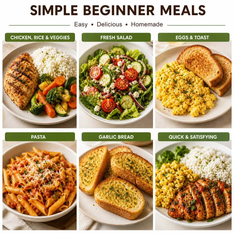easy meals for beginners like chicken rice eggs and pasta