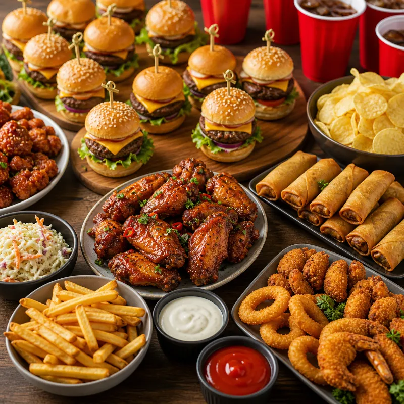 finger food appetizers like wings sliders and spring rolls