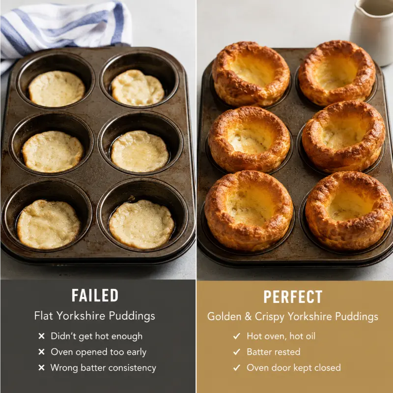 Comparison of failed flat Yorkshire puddings and perfectly risen crispy ones