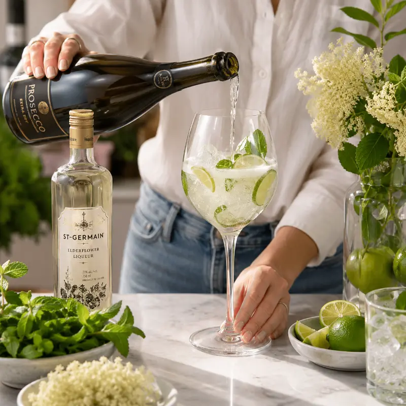Step by step Hugo Spritz preparation in wine glass