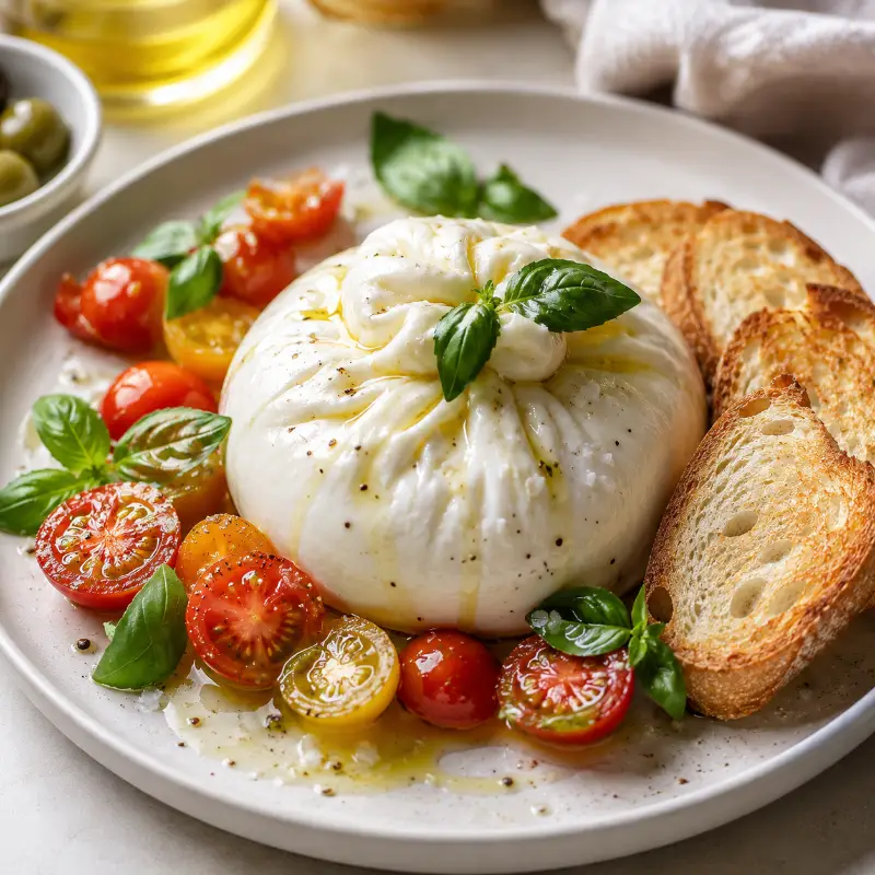 Burrata Appetizer Recipe served with olive oil basil tomatoes and toasted bread