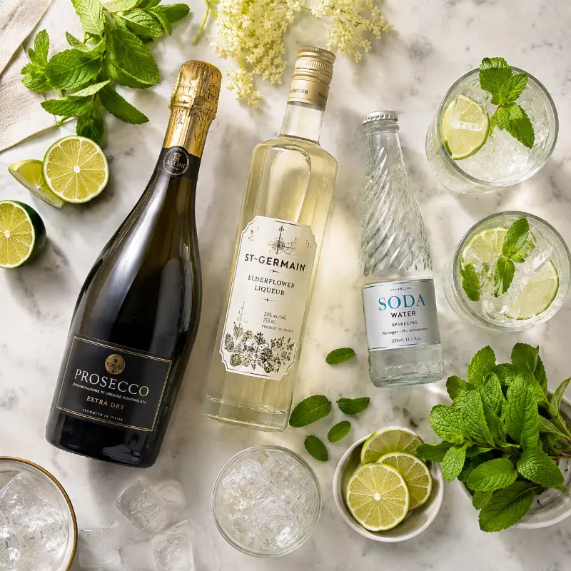 Ingredients needed for making Hugo Spritz at home