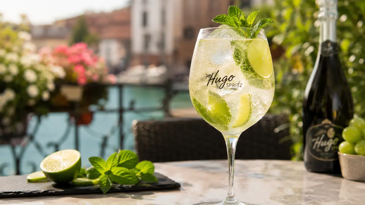 Hugo Spritz Recipe served in a wine glass with mint and lime