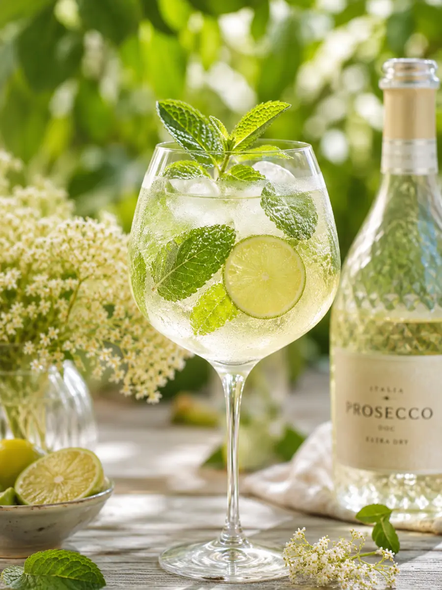 Gallery 6 Hugo Spritz cocktail with mint and lime in a wine glass