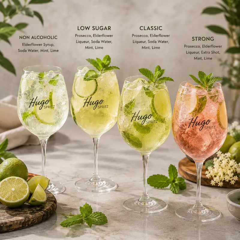 Different variations of Hugo Spritz cocktails